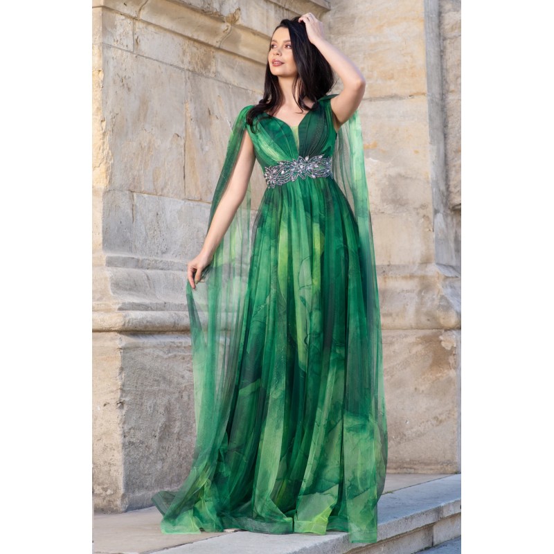 Rochie eleganta de seara Alessandra cu imprimeu tip pictura verde