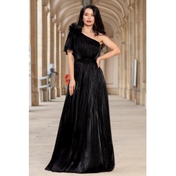 Rochie de seara lunga neagra Fiorella cu flore 3D pe umar