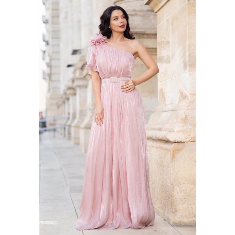 Rochie de seara lunga Fiorella rose cu flore 3D pe umar