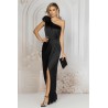 Rochie de seara neagra lunga petrecuta cu umar gol si floare 3D