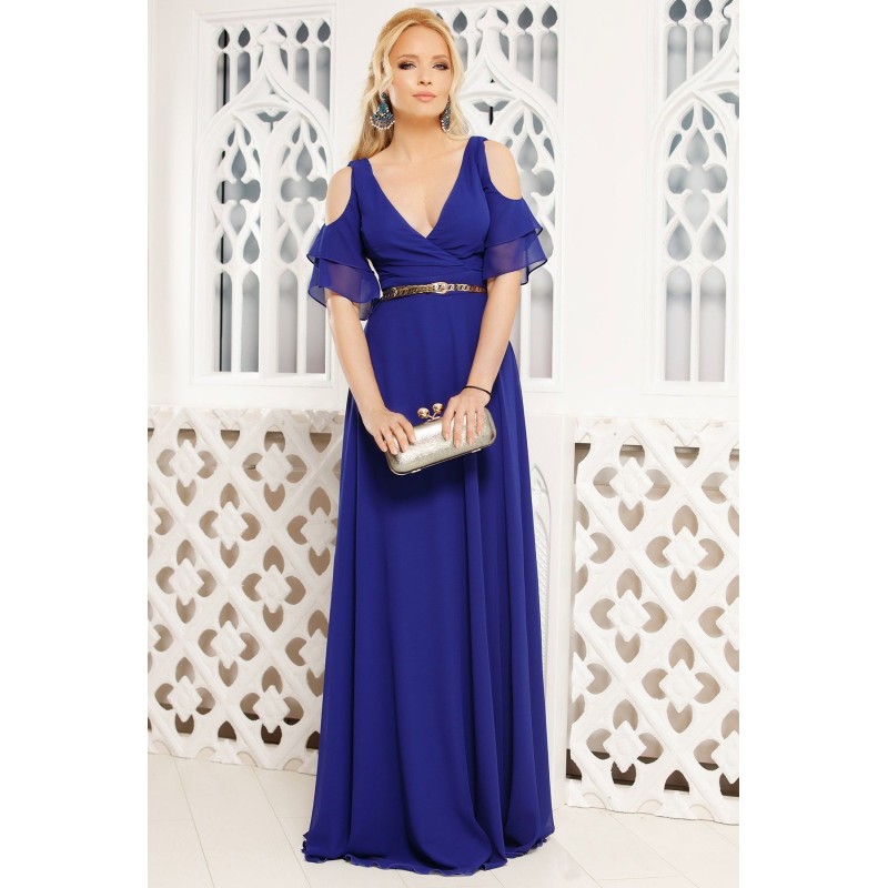 Rochie de ocazie lunga Fofy din tripluvoal cu maneci cazute