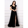 Rochie de seara Gratiela neagra cu perle in talie si accesoriu tip fulgi
