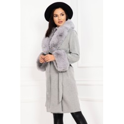 Palton din cașmir Margaery gri cu guler si mansete din blana ecologica