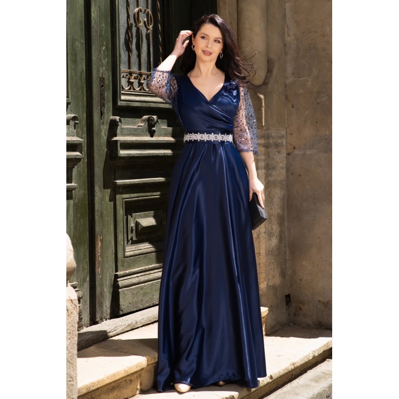 Rochie de seara bleumarin Giorgia lunga din tafta cu maneci paietate
