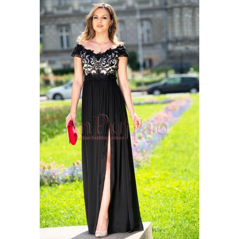 Rochie de seara neagra Agatha din dantela si triplu voal creponat