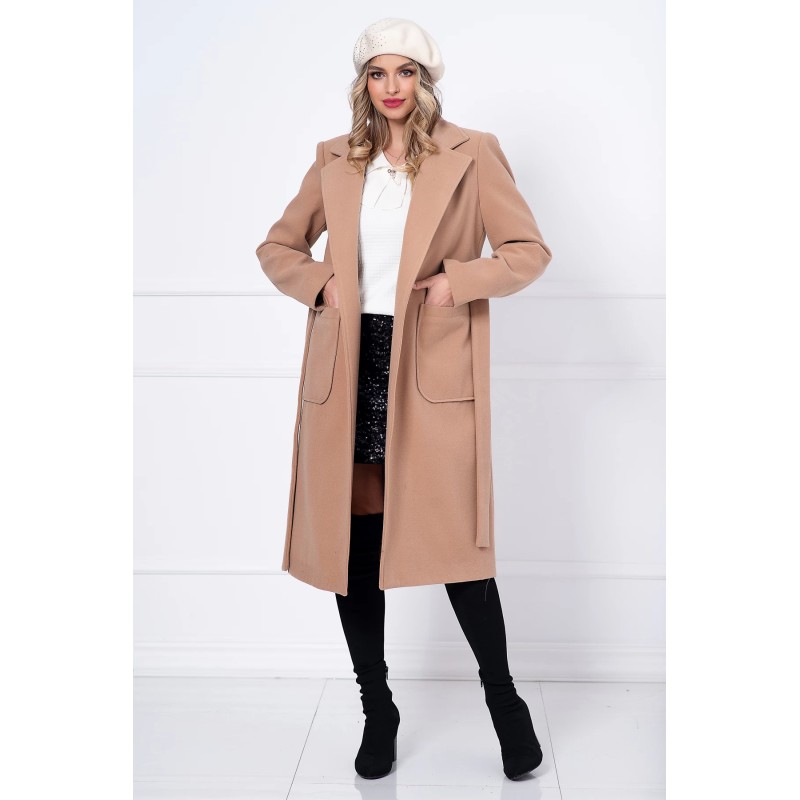 Palton dama camel lung Adelina cu buzunare maxi