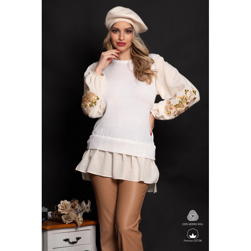 Pulover Lehel din lana merino ecru cu maneci brodate cu bujori crem si aplicatie tip camasa