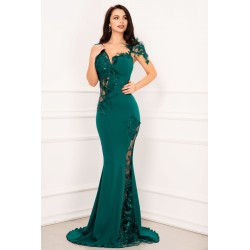 Rochie eleganta lunga Esther de seara verde cu flori brodate si fulgi