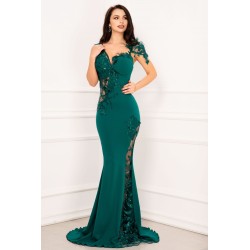 Rochie eleganta lunga Esther de seara verde cu flori brodate si fulgi