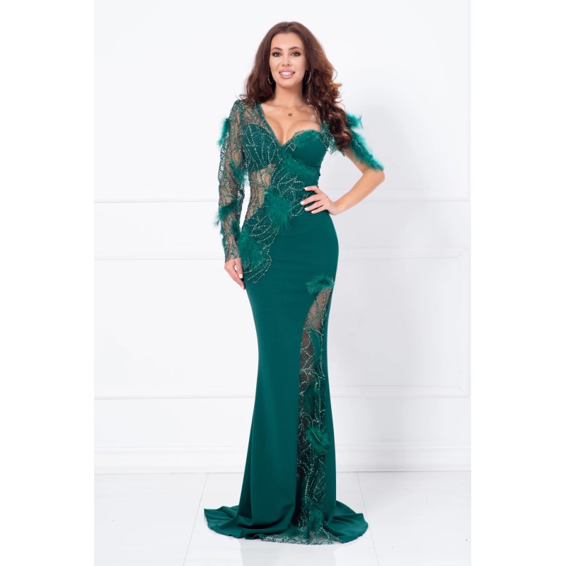 Rochie de seara eleganta verde tip sirena Allegra cu pietre sclipitoare si fulgi