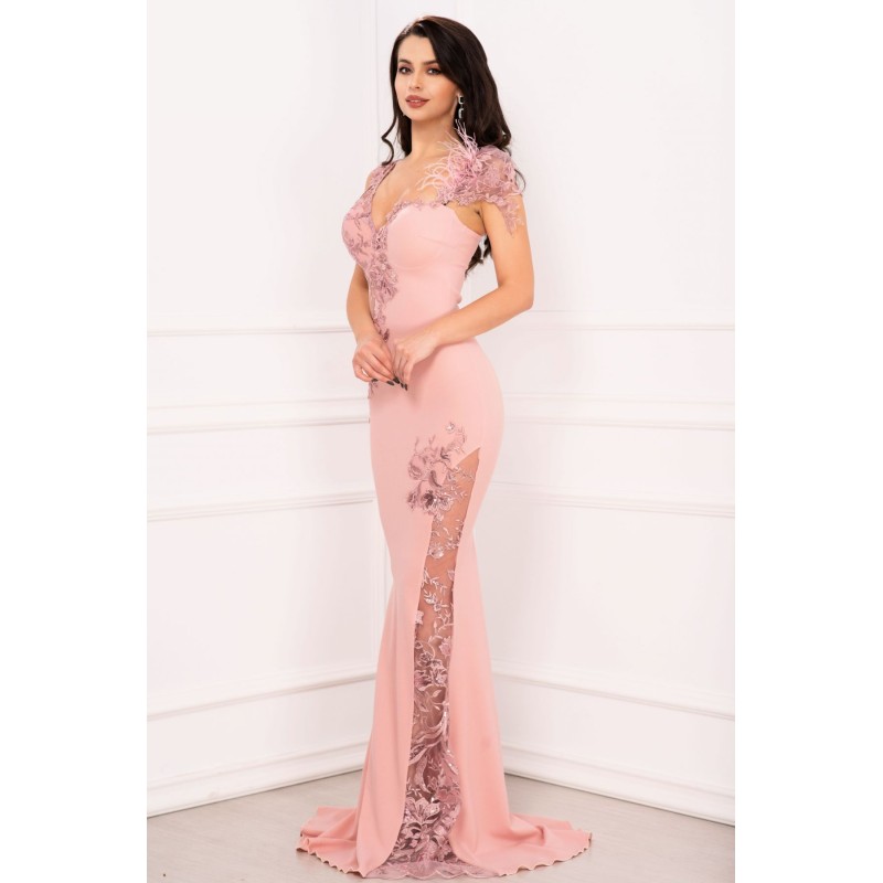Rochie de lux sirena Esther rose cu flori brodate cu paiete si fulgi