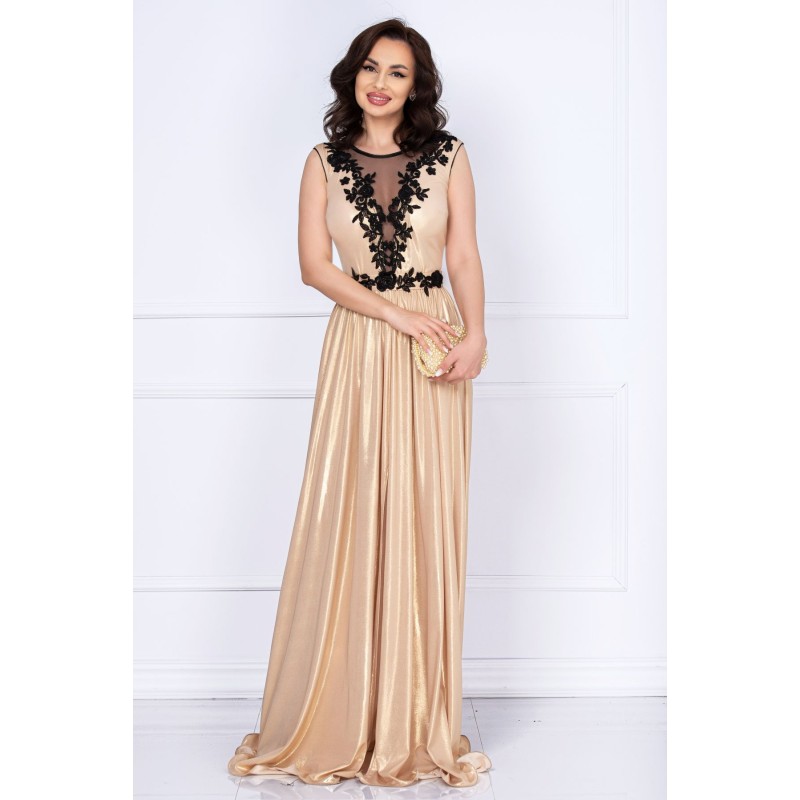 Rochie de seara Ginette gold peliculizata cu broderie aplicata