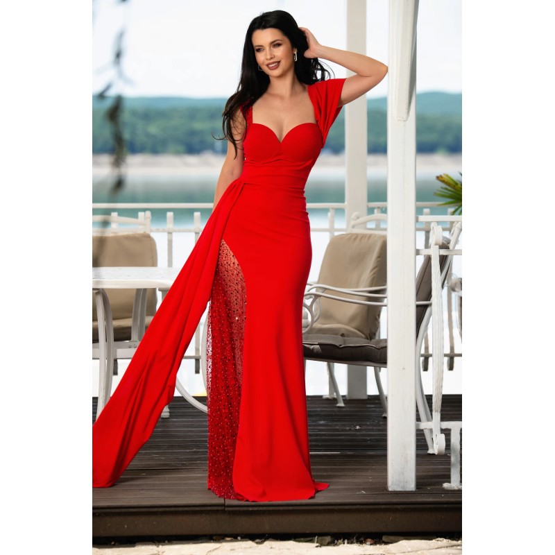 Rochie lunga de seara Fatima rosie cu trena pe o parte