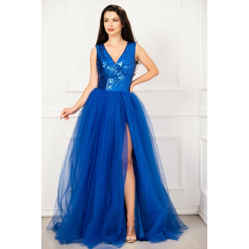 Rochie de seara eleganta Cinderella albastru royal din tulle cu paiete