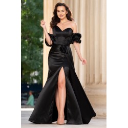 Rochie de seara neagra Ginny cu maneci gogosar si funda maxi