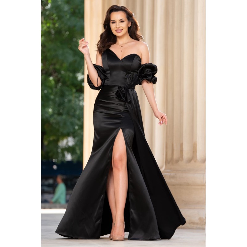 Rochie de seara neagra Ginny cu maneci gogosar si funda maxi