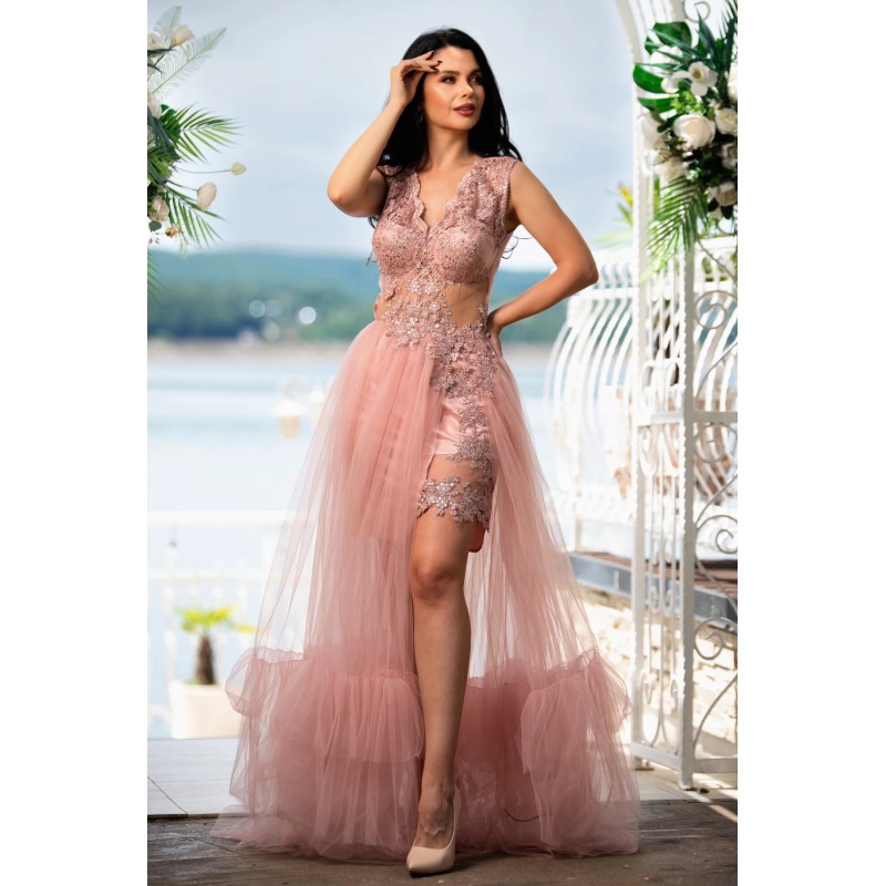 Rochie printesa Amaris roz cu dantela si tulle