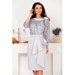 Rochie de soacra Danna argintie cu flori de catifea si peplum