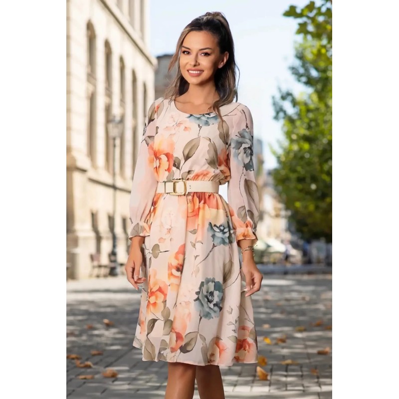 Rochie de zi in clos Karen bej cu imprimeu floral