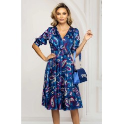 Rochie de zi eleganta albastra in clos cu imprimeu paisley