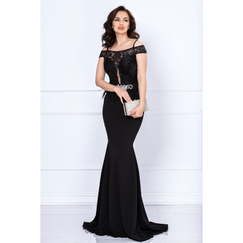 Rochie de seara tip sirena Renata neagra cu broderie si fulgi