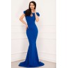 Rochie sirena de seara Cyntia eleganta albastra cu volane la umeri si colier pretios