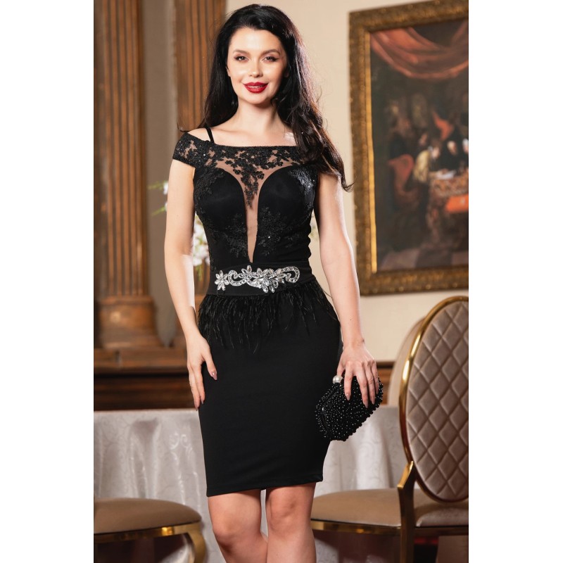 Rochie de ocazie neagra Delight cu broderie si fulgi decorativi