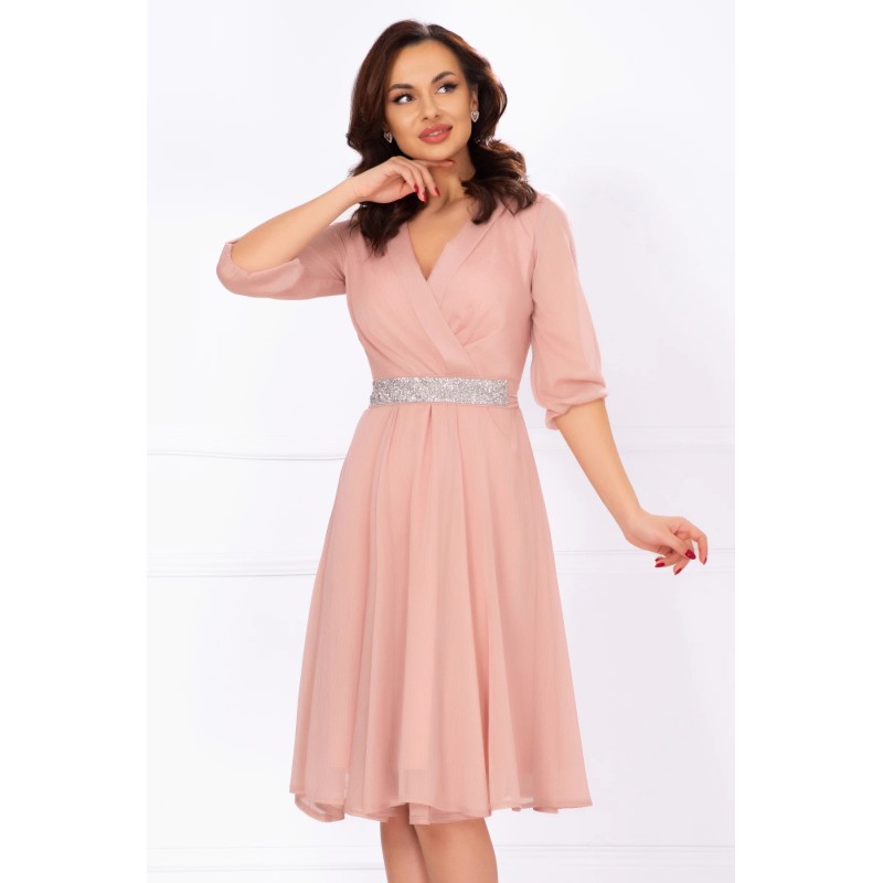 Rochie de soacra in clos rose cu cordon stralucitor in talie