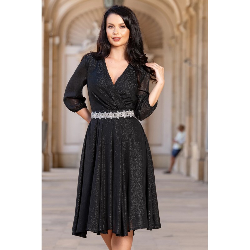 Rochie de ocazie neagra in clos Romina cu cordon stralucitor in talie