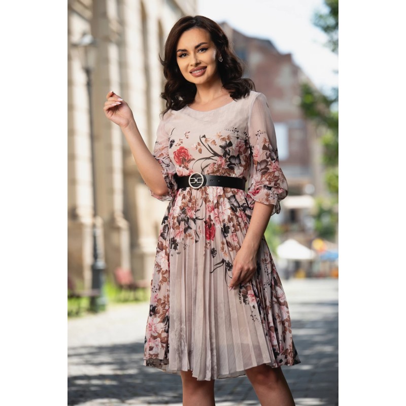 Rochie de zi din voal plisat bej cu imprimeu floral
