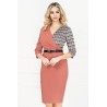 Rochie office conica coniac cu imprimeu pied du coq si curea in talie