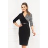 Rochie office conica neagra cu imprimeu pied du coq si curea in talie