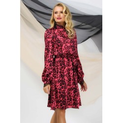 Rochie midi rosie Pretty Girl leopard cu dantela la gat si mansete