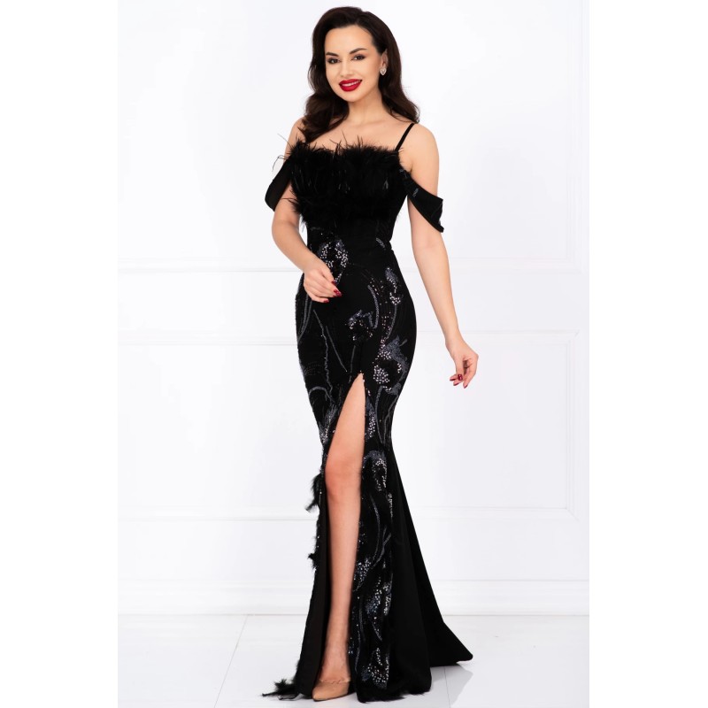 Rochie de seara eleganta neagra Casiana cu model floral din margele