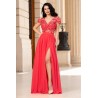 Rochie de seara Larissa coral din voal cu flori 3D