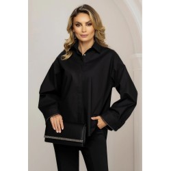 Camasa dama neagra oversize cu sirag din strassuri la mansete