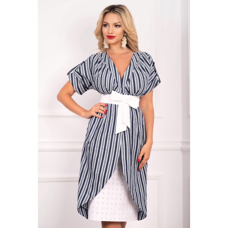 Rochie Effect cu dungi din panza texturata si broderie