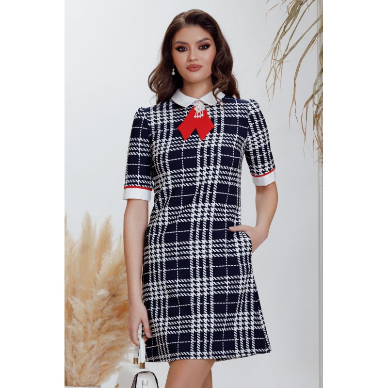 Rochie office Fofy in A imprimeu carouri si esarfa rosie