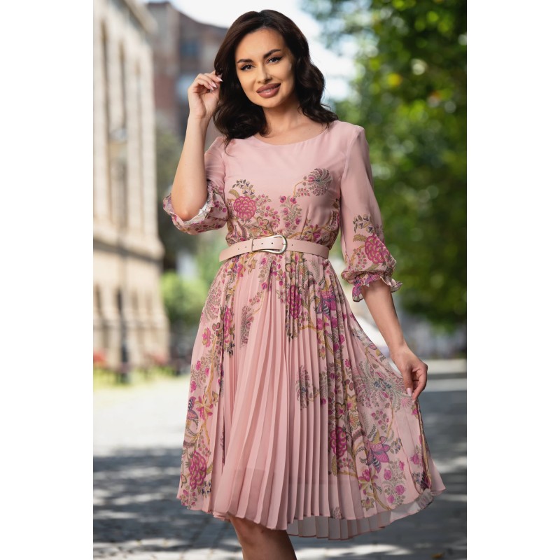 Rochie de zi din voal plisat rose cu imprimeu floral