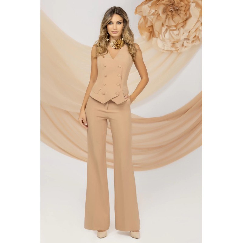 Pantaloni bej office evazati Pretty Girl cu talie inalta