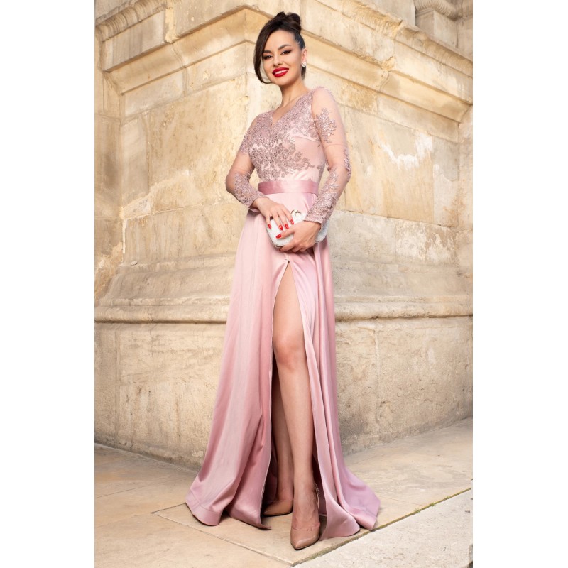 Rochie eleganta de seara Joana din tafta roz lunga cu bust din dantela