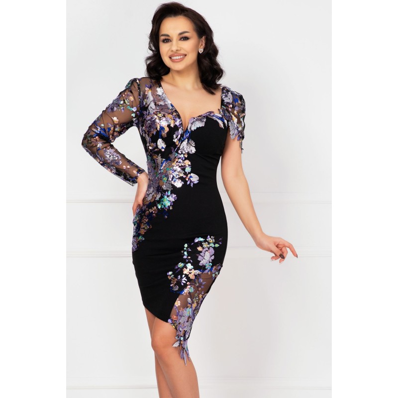 Rochie neagra de seara Adelina asimetrica cu flori pastelate si paiete