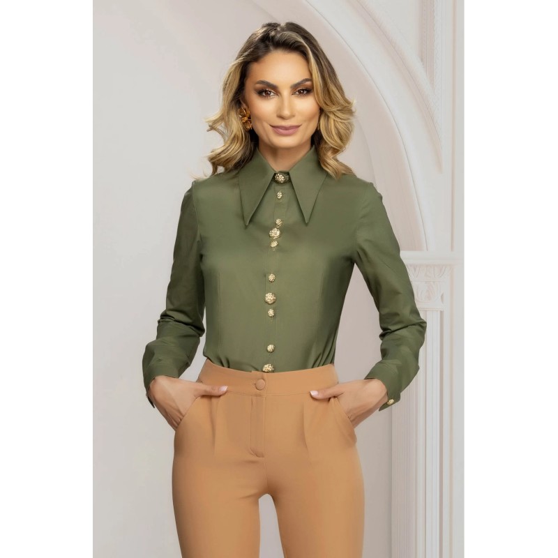 Camasa dama office kaki cambrata cu nasturi pretiosi