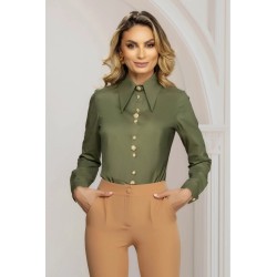 Camasa dama office kaki cambrata cu nasturi pretiosi