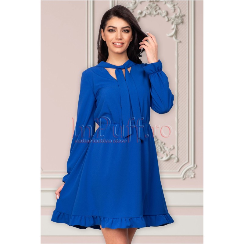 Rochie Moze albastra cu volanase si cret in talie