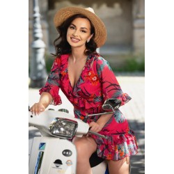 Rochie scurta de vara cu imprimeu tropical si volane