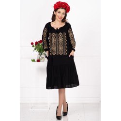 Rochie traditionala neagra Ilaria cu broderie traditionala bej