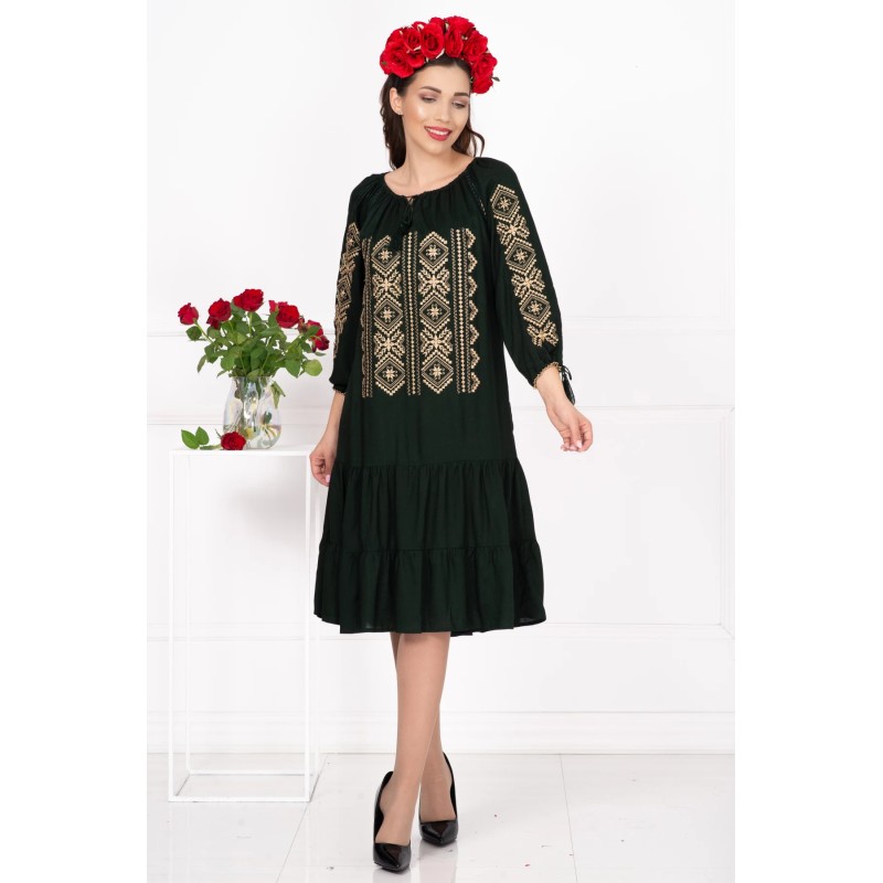 Rochie traditionala verde Ilaria cu broderie traditionala bej