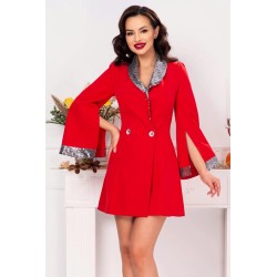 Rochie Stefany rosie cu guler si mansete din paiete argintii