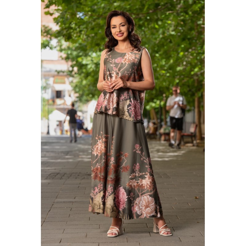 Compleu dama kaki cu pantalon tip fusta si imprimeu floral